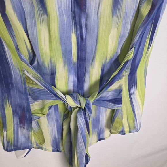 Jones New York Silk Tie Front Blouse Watercolor Stripe Green Blue Size 14 - Picture 5 of 7